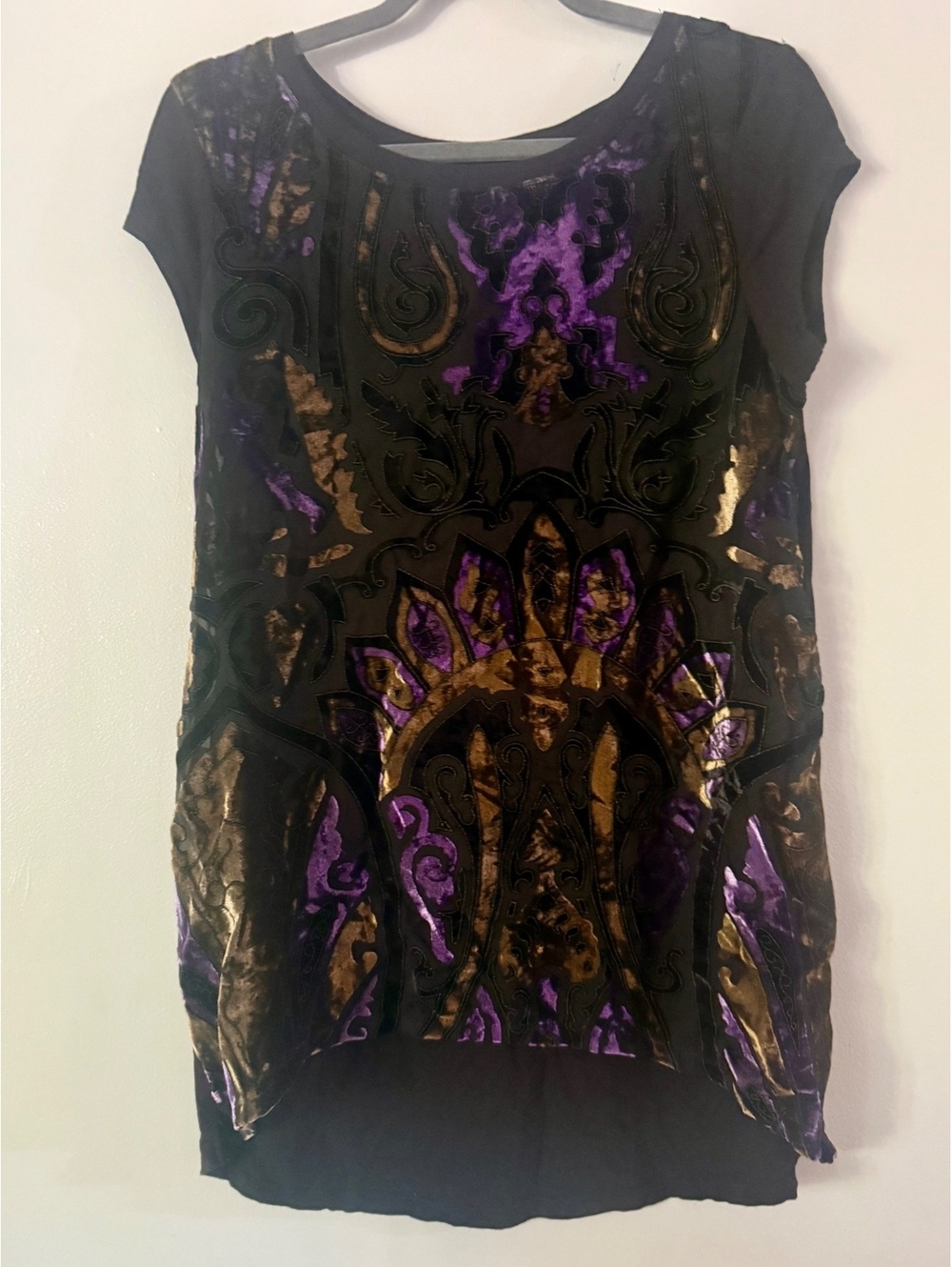 Whimsigothic Burnout Velvet Tunic Top Baroque Metallic Gold Purple Scoop Neck